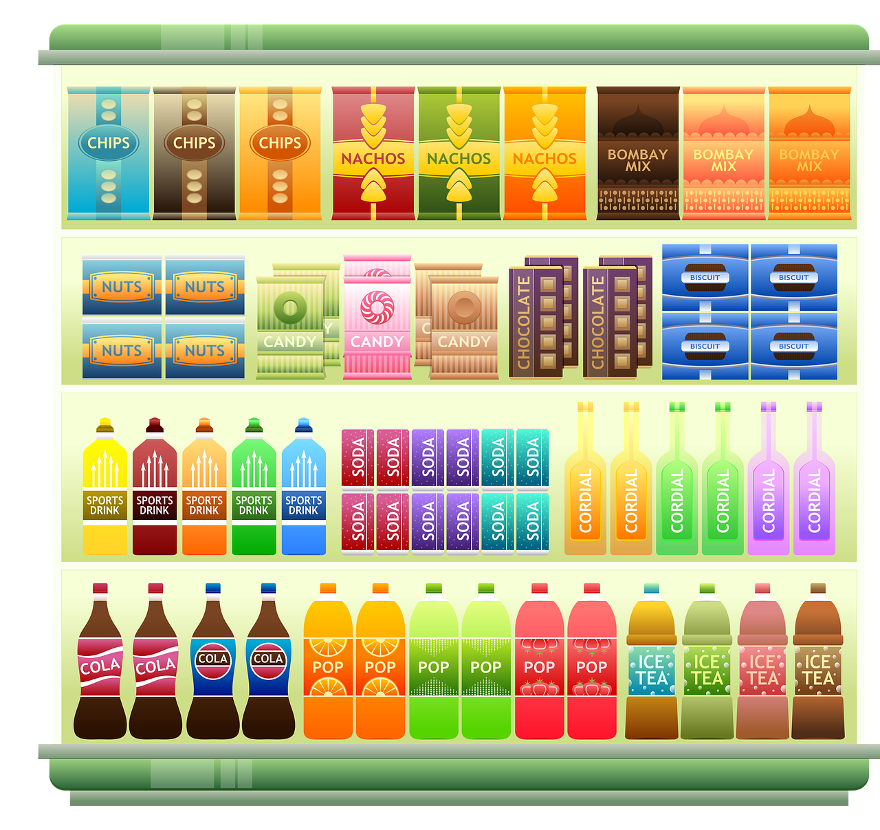 Snack foods candies and cookies