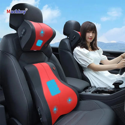 Heated Massage Seat with Memory Foam Neck Pillow – Universal Fit & Adjustable Support for Travel Comfort