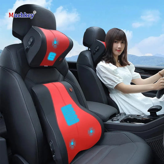 Heated Massage Seat with Memory Foam Neck Pillow – Universal Fit & Adjustable Support for Travel Comfort